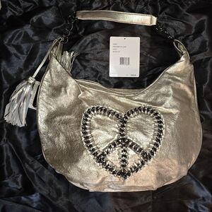 Betsey Johnson Metallic Silver Hobo Bag with Peace Heart
